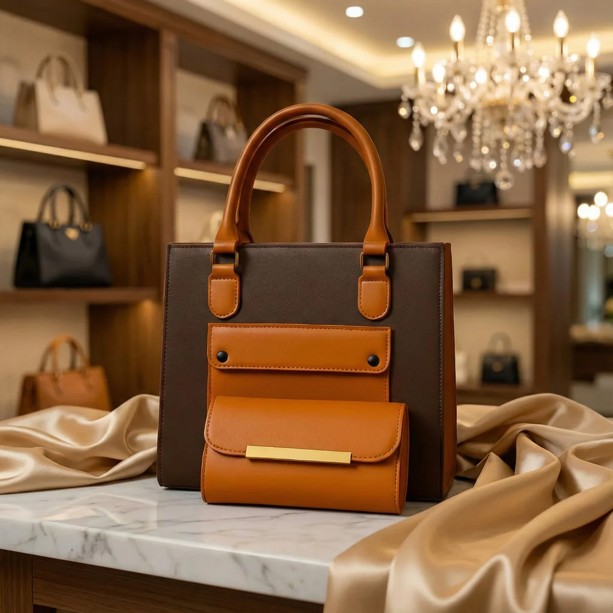 pursebazar_2 Signature Choclae Brown and Tan 2-Pc Tote Bag - Image 1